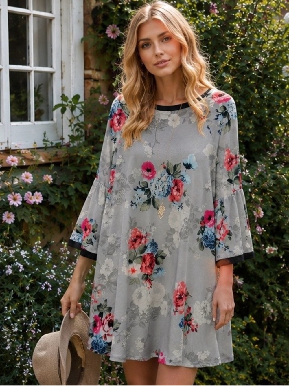 Boho Cottagecore Floral Swing Dress | Gray, Red, Pink, Blue, Bell Sleeve Tunic